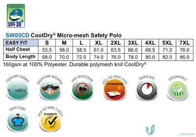 CoolDry safety polo size chart for HiVis Safety LS Polo, perfect for SW05CD high visibility long sleeve polo gear