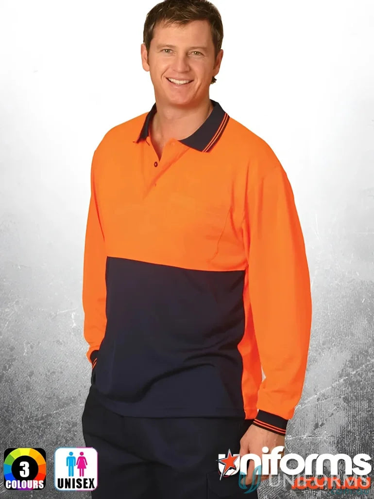Two-tone long-sleeved polo shirt from HiVis Safety LS Polo, perfect for sw05cd high visibility work scenes