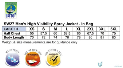 Mens high visibility spray jacket size chart for HiVis Spray Jacket Spirit SW27 stay dry gear