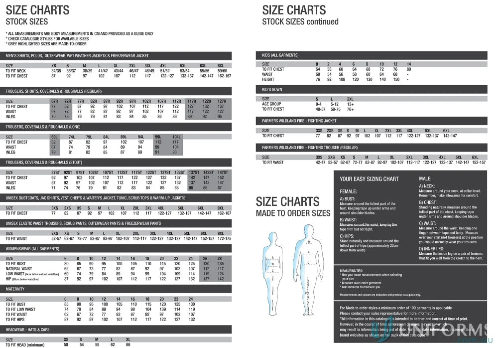 Size chart for HiVis SS Shirt, a comfortable short sleeve cotton drill shirt