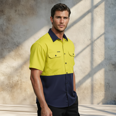 HiVis short sleeve cotton drill shirt in yellow and navy