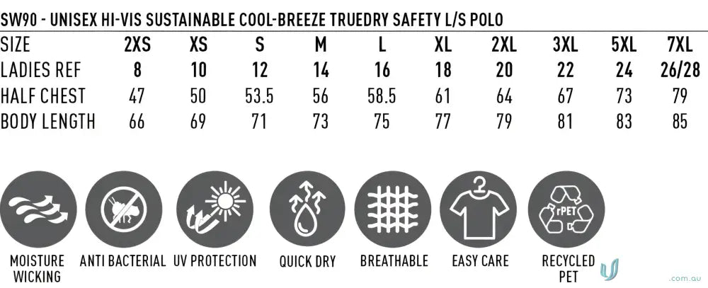 Size chart and features of the HiVis Sustainable Cool-Breeze Safety Polo shirt
