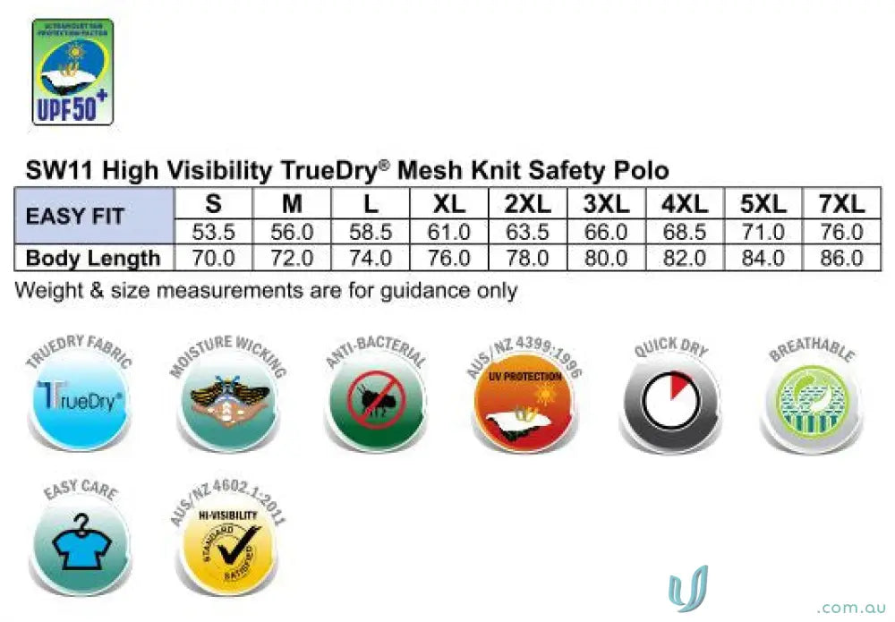 High visibility polo shirt sizing chart and features for HiVis TrueDry Safety LS Polo
