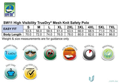 High visibility polo shirt sizing chart and features for HiVis TrueDry Safety LS Polo