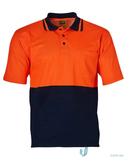 Orange and navy blue short-sleeved HiVis TrueDry Safety Polo shirt with sw12 truedry fabric