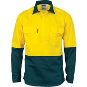 HiVis two-tone cotton drill shirt with collar, pockets, long sleeves, metal buttons