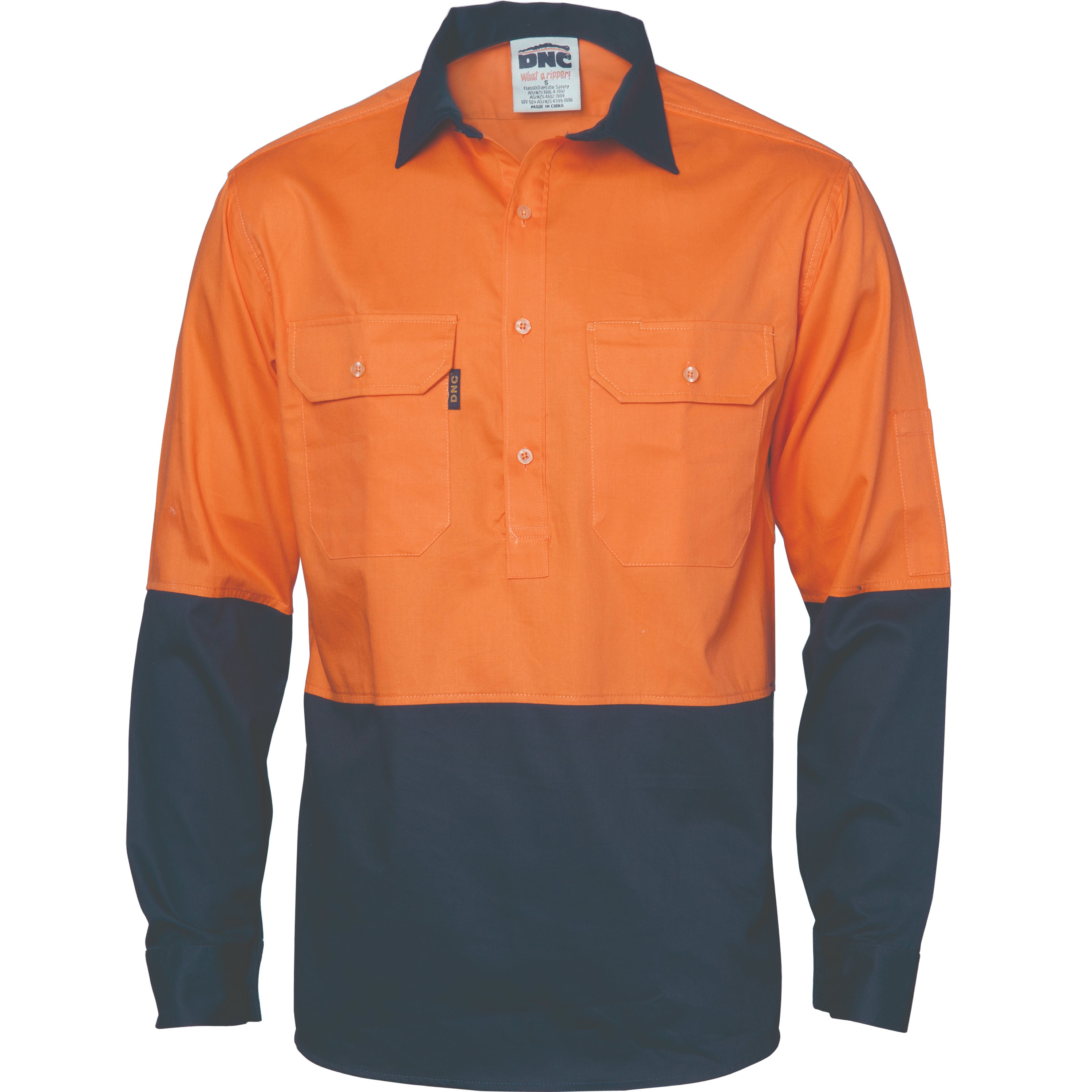 HiVis two tone cotton drill shirt in orange/navy with metal buttons