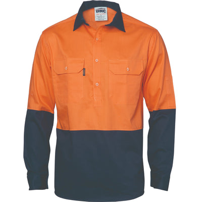 HiVis two tone cotton drill shirt in orange/navy with metal buttons