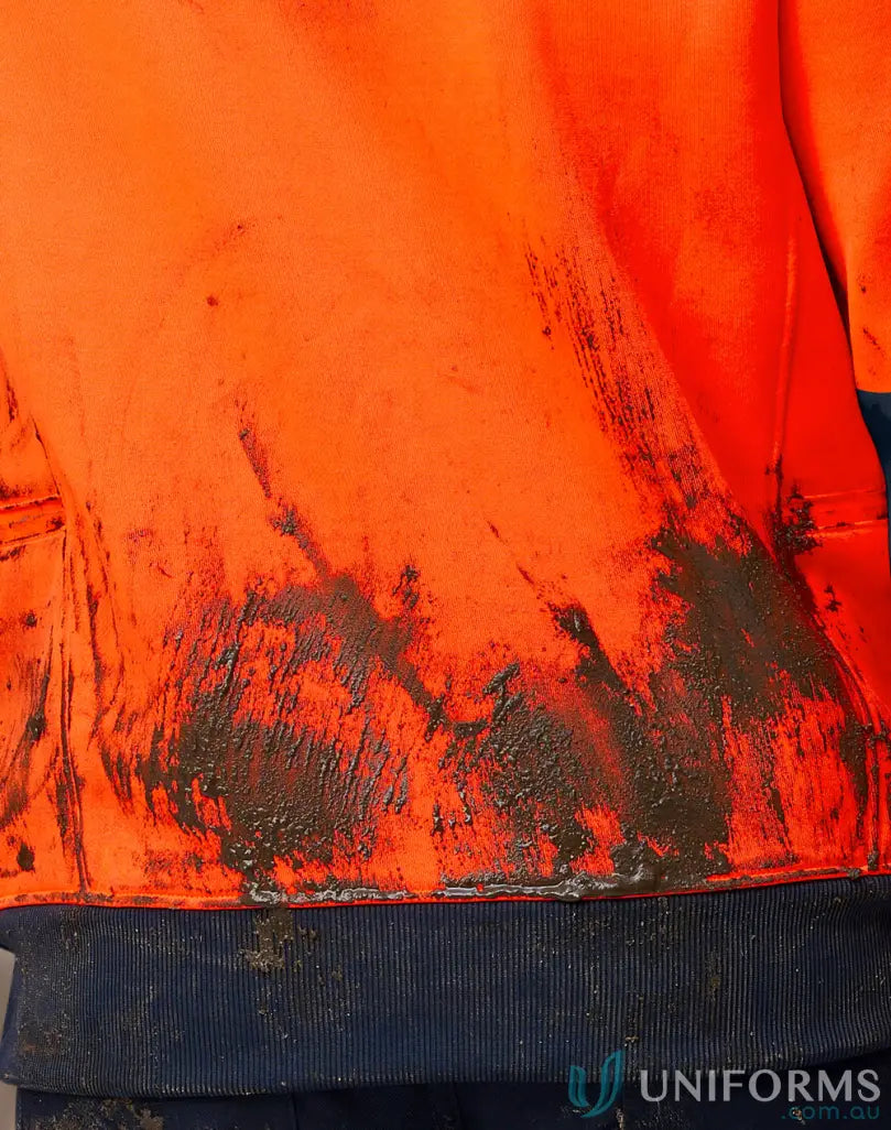 Mud-splattered orange and navy HiVis Water Resistant Fleece Hoodie SW91 for tough work days