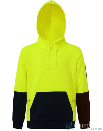 Neon yellow HiVis Water Resistant Fleece Hoodie with black and brown details for outdoor gear