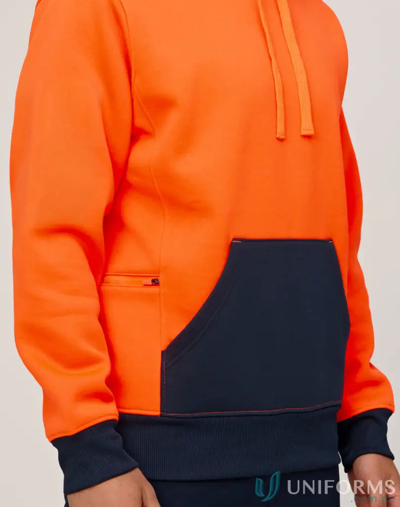 Orange fleece hoodie sw91 with navy lower, zip pocket, and hivis water resistant design