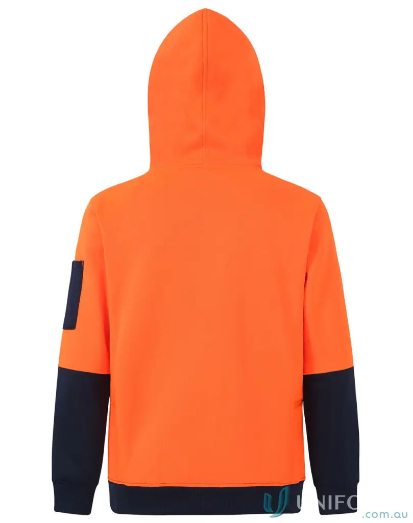 Orange and navy blue HiVis Water Resistant Fleece Hoodie with dark patch on sleeve