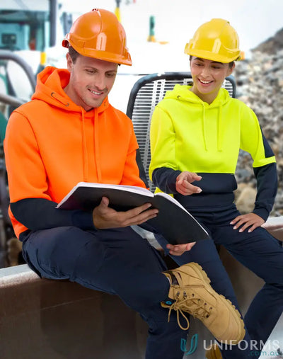 Two construction workers in HiVis Water Resistant Fleece Hoodie SW91 checking a notebook