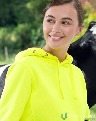 Smiling woman in neon yellow HiVis Water Resistant Fleece Hoodie SW91