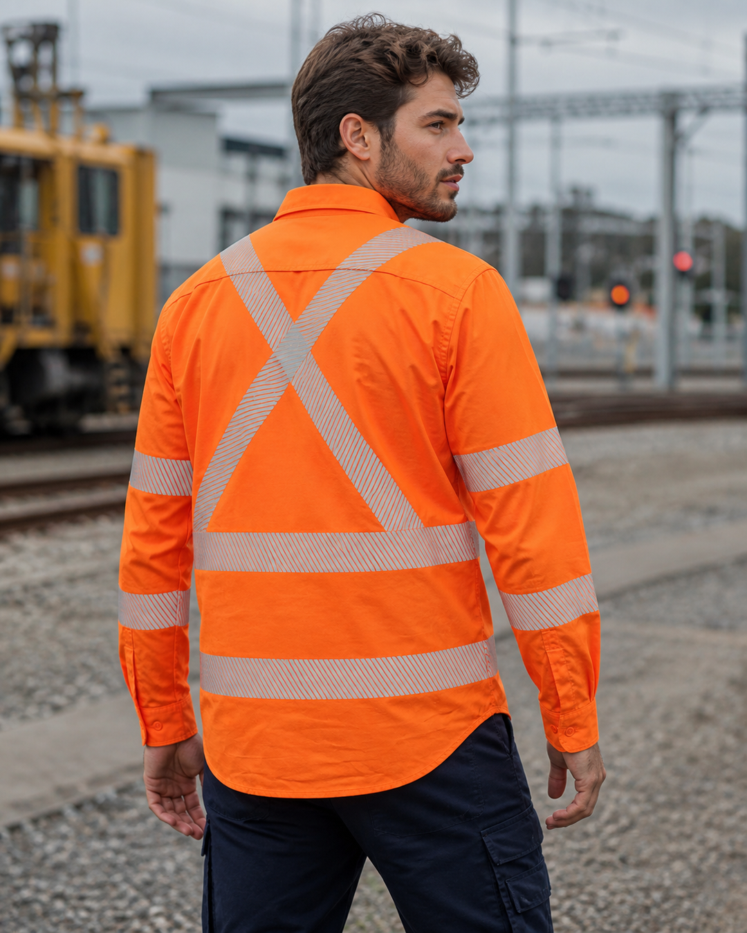 Hi Vis X Back Shirt with Segmented Tape on Australian male model