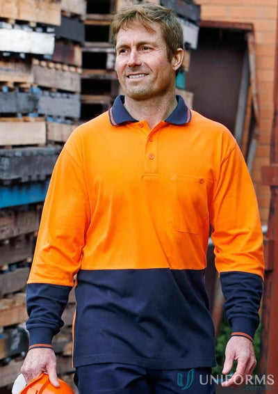 Man wearing HiViz Cotton Jersey LS Polo in orange and navy, two tone long sleeve safety polo