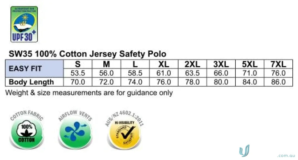 Size chart for HiViz Cotton Jersey SS Polo featuring sw35 cotton and two tone safety design
