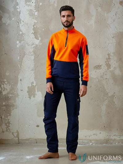 Man in HiViz Half Zip Pullover with contrast dirt panels, showing Workcraft HiViz Half workwear