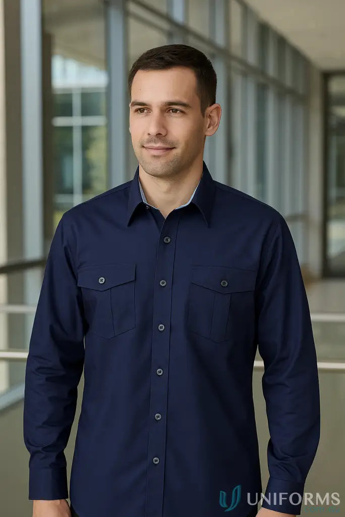 Stencil 2034L-PT Hospitality Nano LS Shirts in Navy/Light Blue front product image