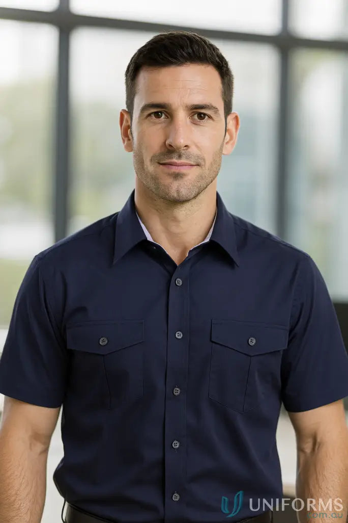 2034S-pt-1 2034S-pt Hospitality Nano SS Shirts in Navy/Light Blue front product image
