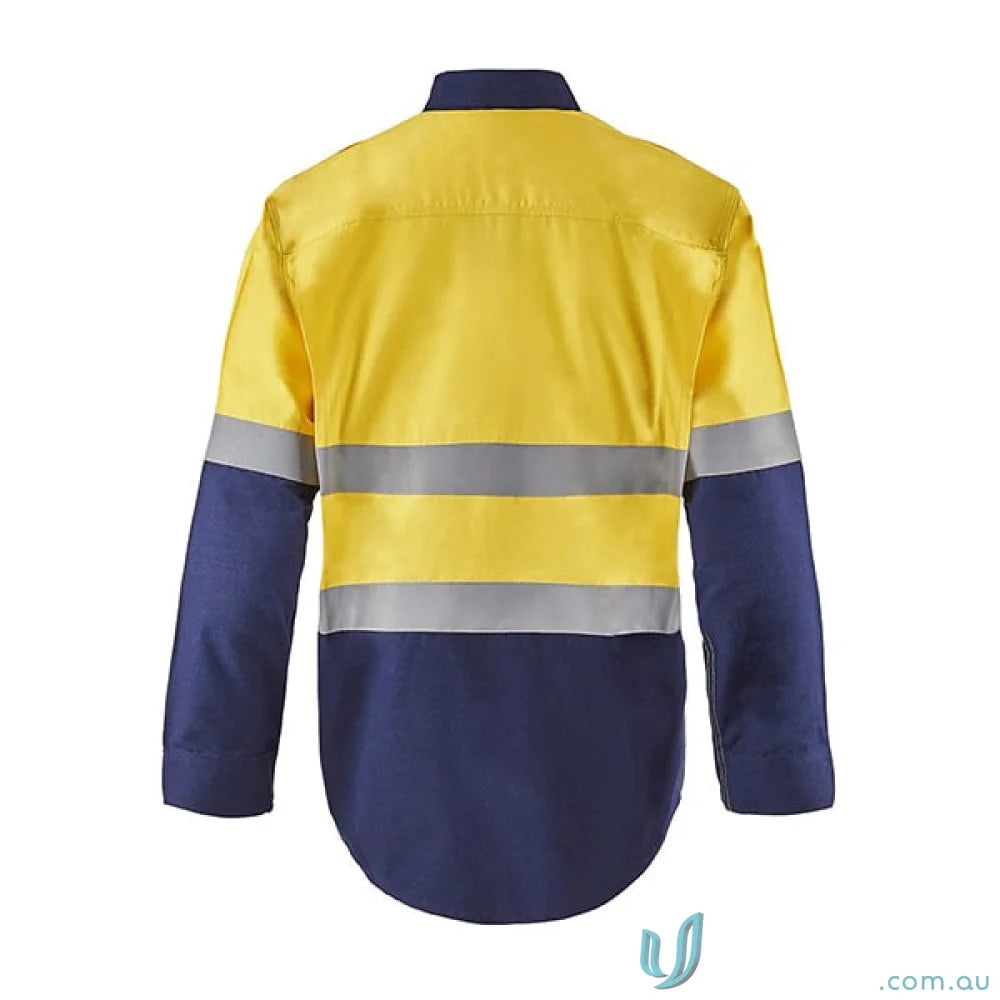 Yellow and blue safety jacket from HRC2 Inherent HiVis Reflective LS Shirt featuring gusset sleeves