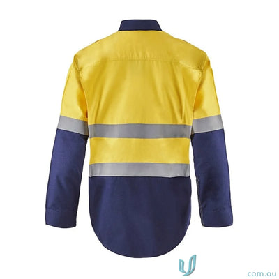 Yellow and blue safety jacket from HRC2 Inherent HiVis Reflective LS Shirt featuring gusset sleeves