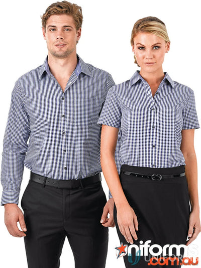Two people wearing black and white checkered uniforms in Hudson Identitee L/S Shirt workwear