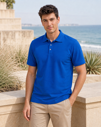 Australian male model wearing royal blue Hunter Adult Polo