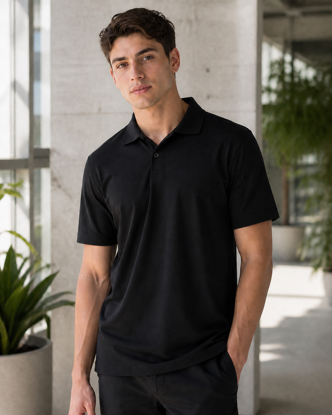Male model wearing black Icon CoolDry Textured Polo