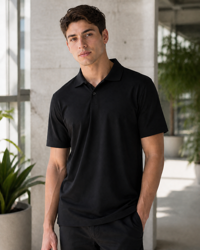 Male model wearing black Icon CoolDry Textured Polo