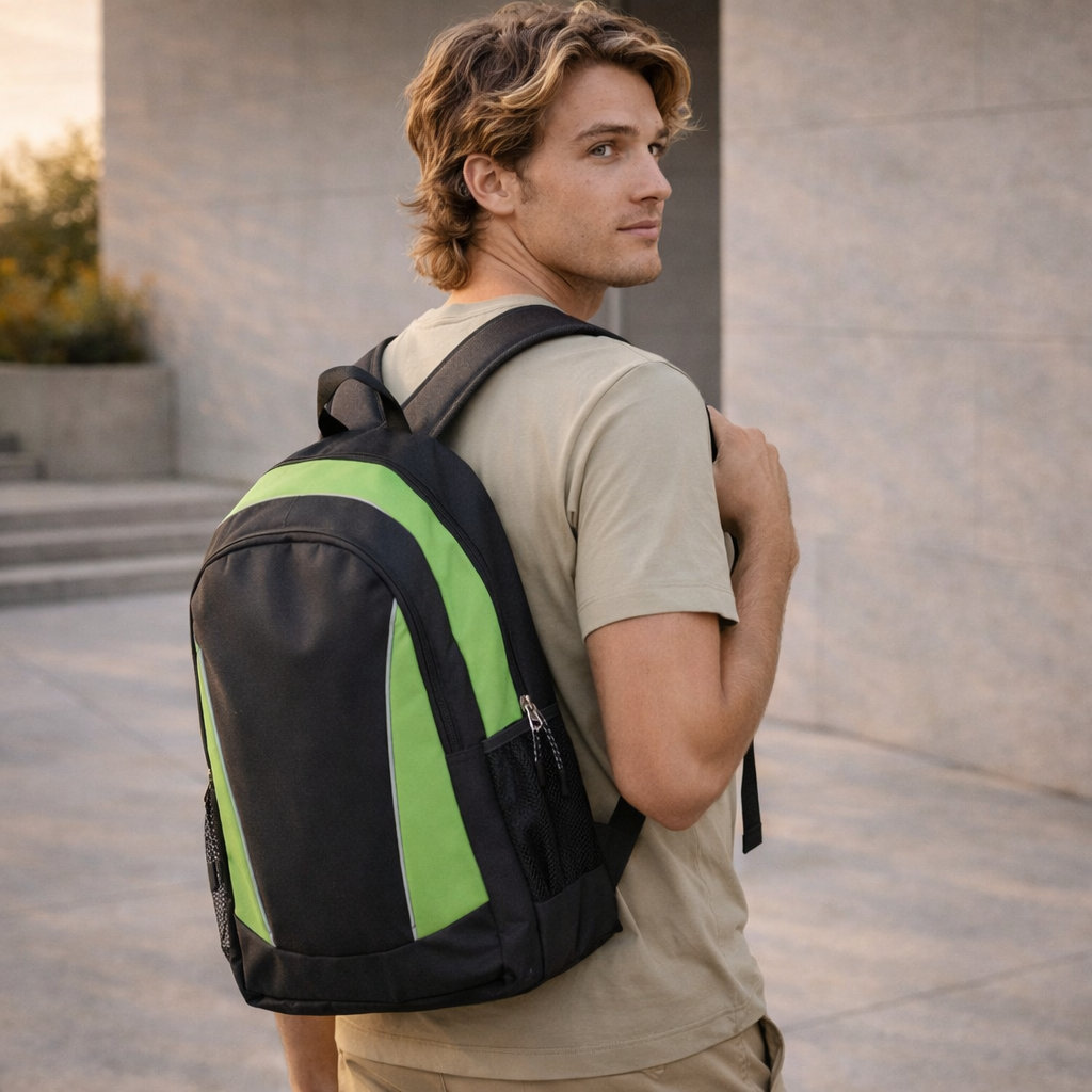 Iconic promo backpack b5030 in black neon green with adjustable shoulder straps