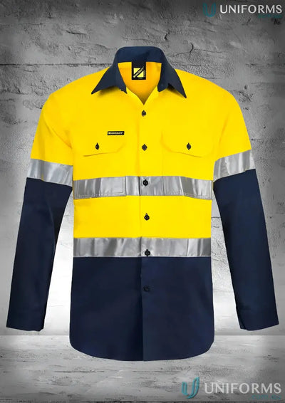 Yellow and navy Blue high-visibility Cotton Shirt With CSR Tape, reinforced stress, reflective tape for uniforms