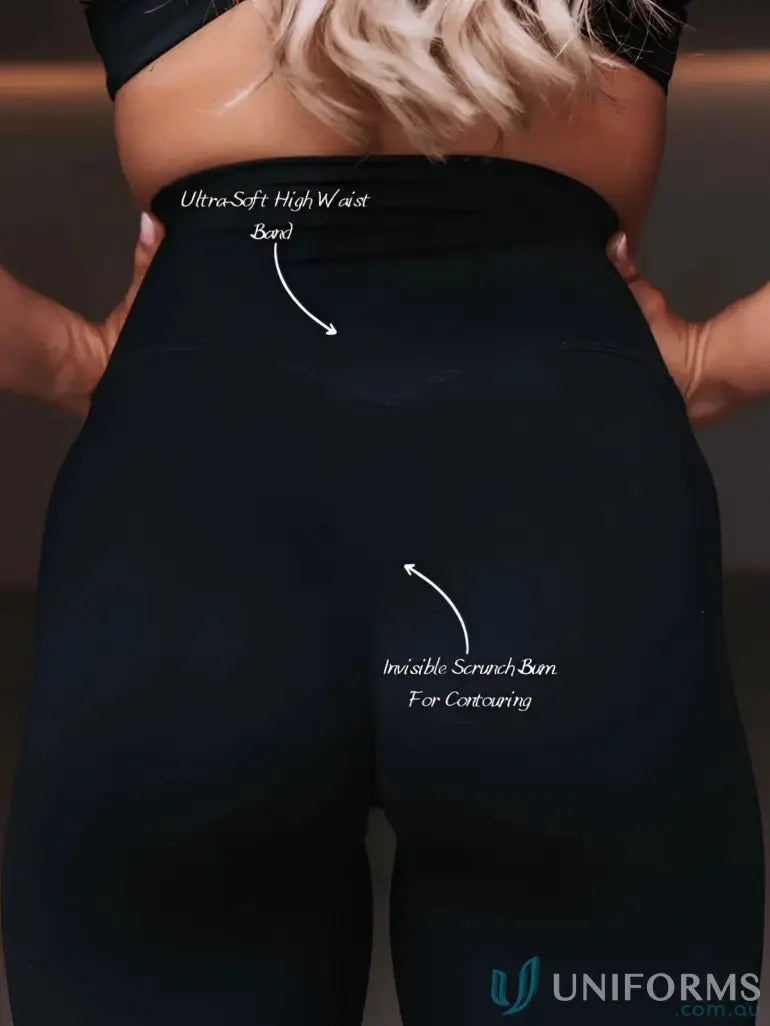 Black high-waisted invisible scrunch cherry leggings with ultra-soft waistband perfect for workwear uniforms