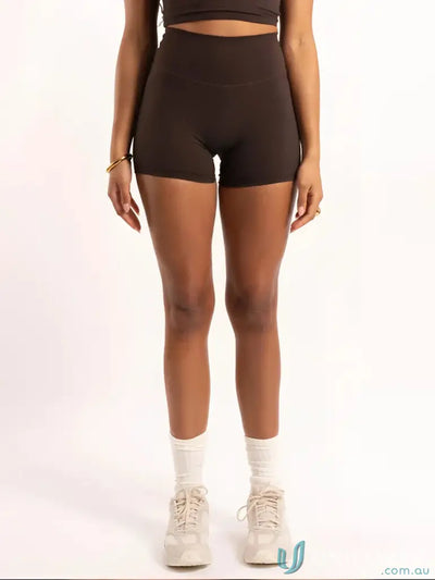 Brown invicible scrunch chocolate shorts with seamless stretchy fabric perfect for comfy workwear uniforms