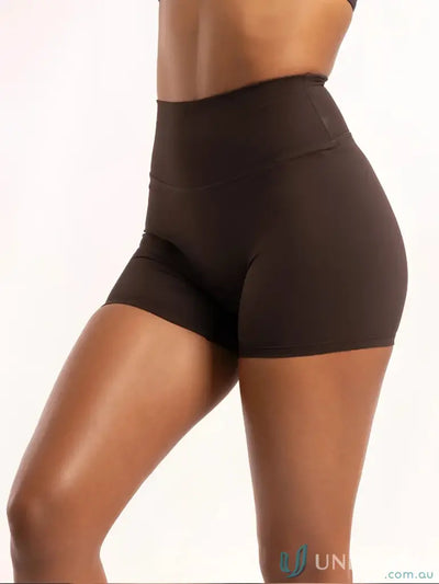 Black high-waisted invicible scrunch chocolate shorts with smooth form-fitting fabric ideal for work uniforms and workwear