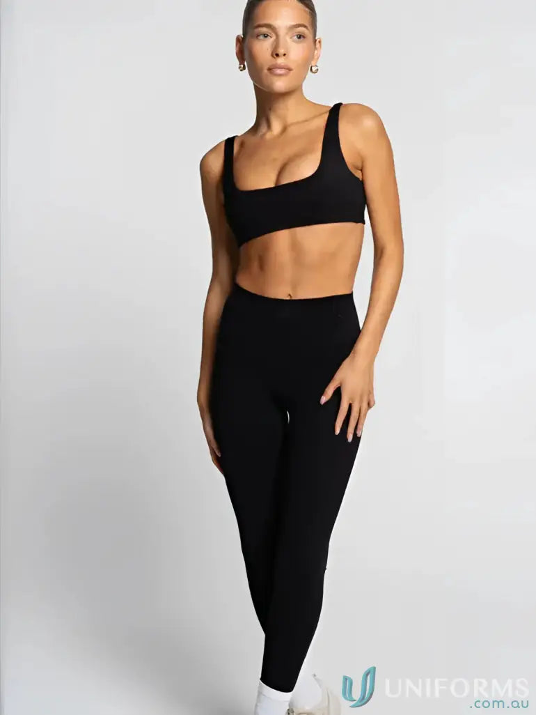 Black high-waisted invisible scrunch onyx leggings with sleek fit and side seam detail perfect for work uniforms and workwear