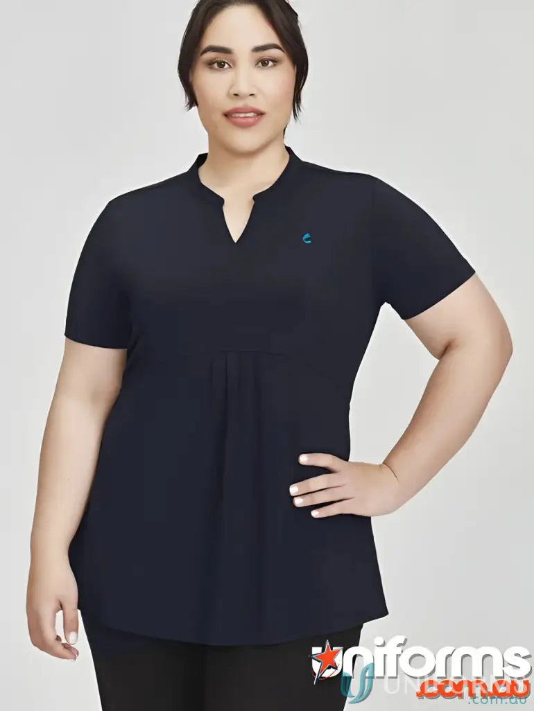 Plus-size woman in dark blue IOP Ladies Easy Fit Top rt262ls workwear uniform