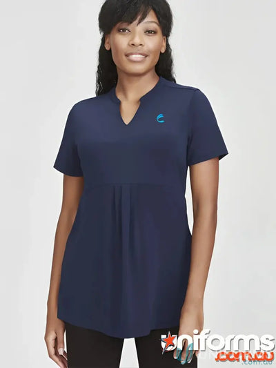 Woman wearing dark blue IOP EMB Ladies Easy Fit Top, perfect for uniforms and workwear