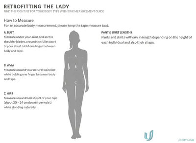 Body measurement guide for IOP EMB Ladies Extended Dress workwear and uniforms