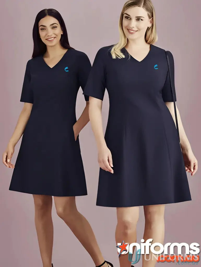Two navy blue IOP Ladies Extended Dresses perfect for work uniforms or workwear