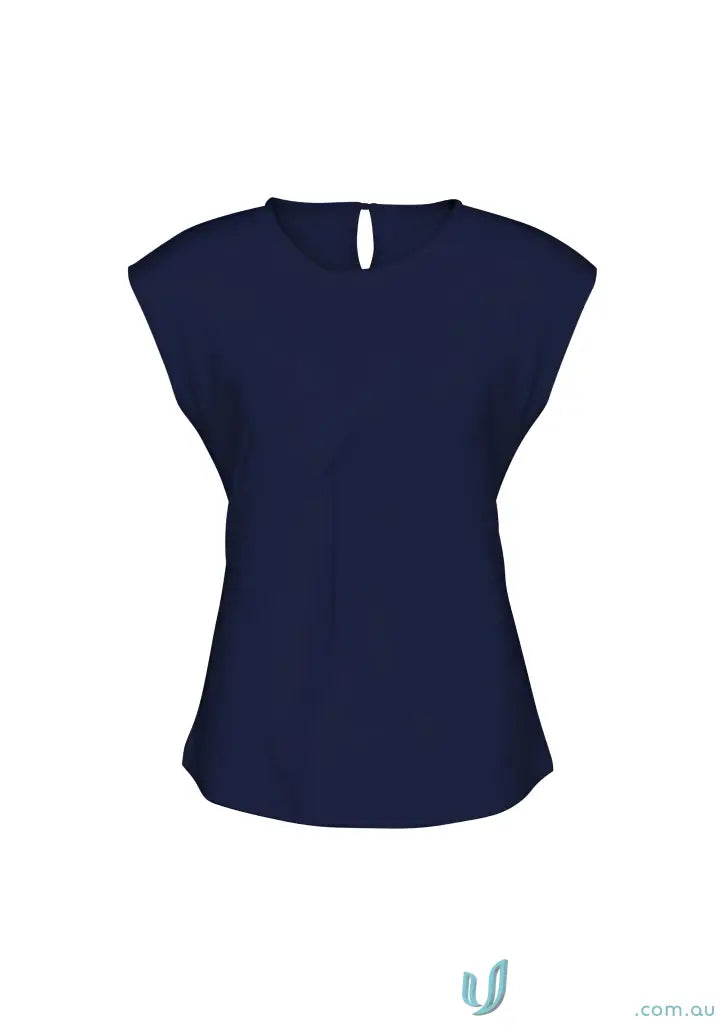 Dark blue jersey knit short-sleeved blouse with keyhole neckline for workwear or uniforms