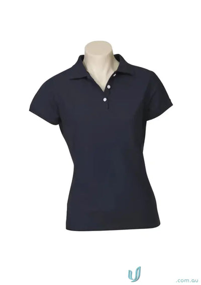 Navy blue ladies modern fit polo shirt with collar and white buttons for modern fit uniforms