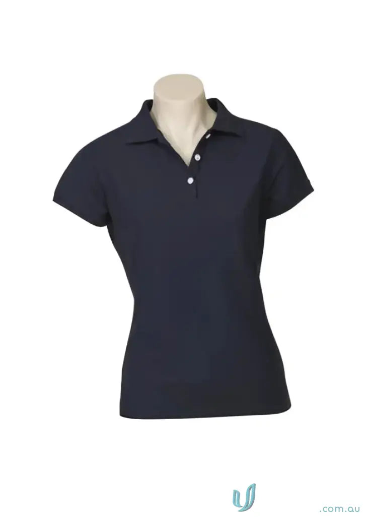 Navy blue ladies modern fit polo shirt with collar and white buttons for modern fit uniforms