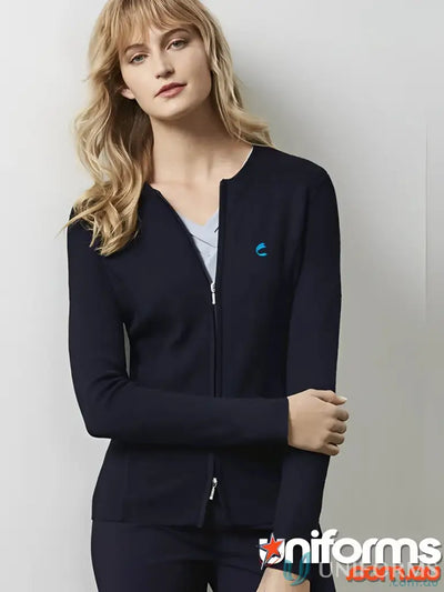 Navy blue IOP Ladies Zip Cardigan perfect for work uniforms and workwear casual style