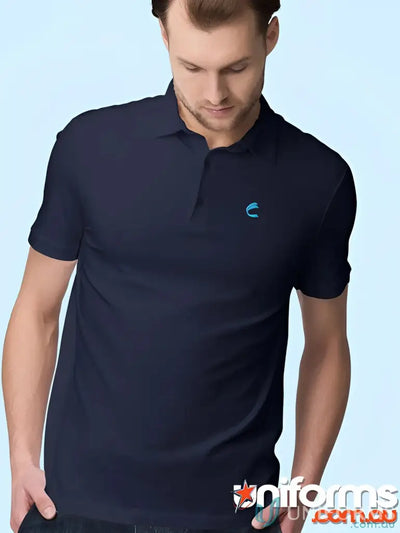 Man in navy blue slim fit polo shirt from IOP EMB Mens Polo work uniforms