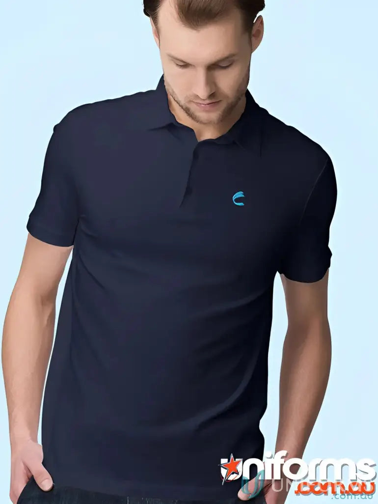 Man in navy blue slim fit polo shirt from IOP EMB Mens Polo work uniforms