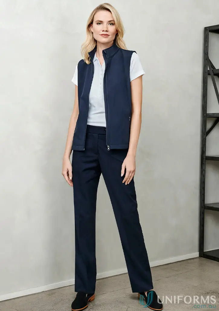 Woman wearing navy IOP Ladies Flexi Band Pant, perfect for biz Flexi-Band™ style