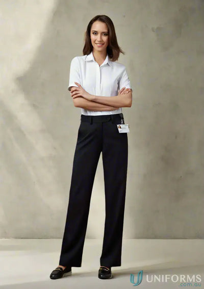Woman in white shirt and black IOP Ladies Flexi Band Pant, comfy women’s Detroit pant