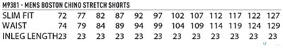 Men’s Boston Chino Shorts size chart for IOP Stretch SlimFit Boston Chino Shorts M9381 men’s stretch