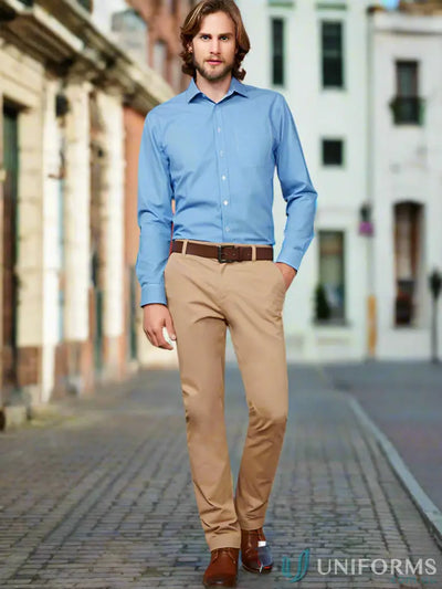 Man in blue shirt and khaki IOP Stretch Chino Pants from Biz Collection Lawson bs724m